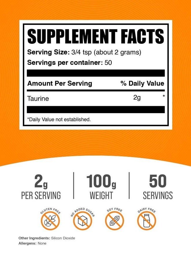 BulkSupplements .com Taurine Powder - Taurine Supplement, Amino Acid Supplement for Energy - Unflavored & Gluten Free, 2g per Serving, 100g (3.5 oz) (Pack of 1) - Image 2