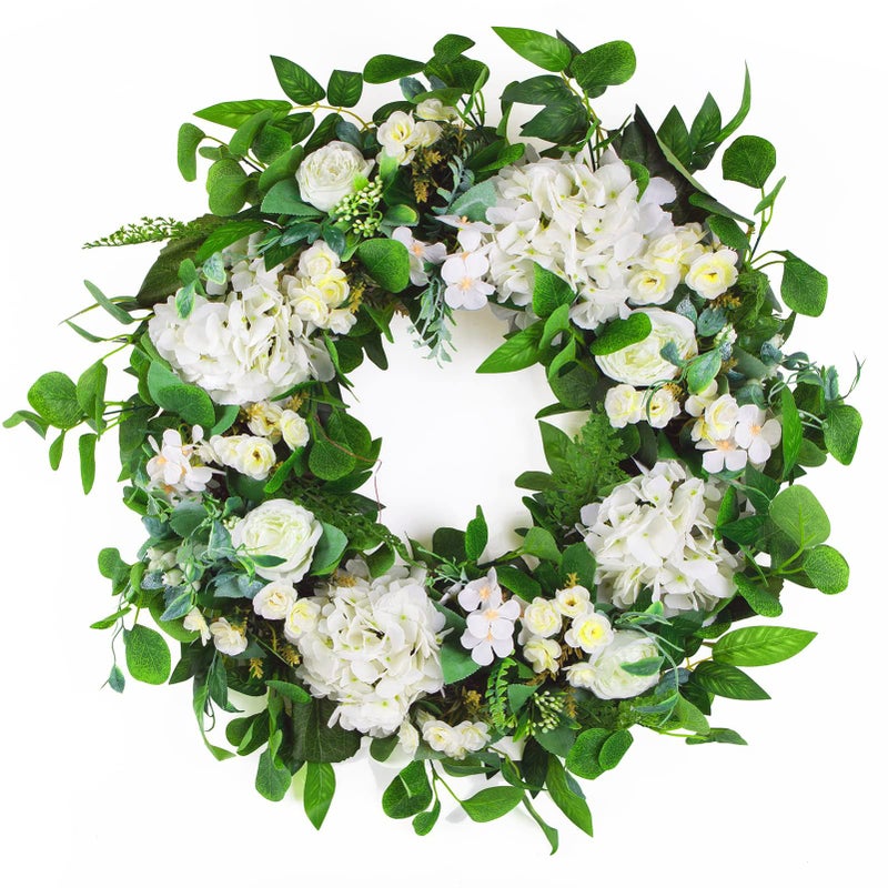 Ecerangus 24 Inch Spring Summer Wreaths for Front Door, Spring Wreath,Summer Door Wreaths Outside,Large Floral Flowers Wreath with White Hydrangea for All Seasons Indoor Outdoor Home Decor - Image 1