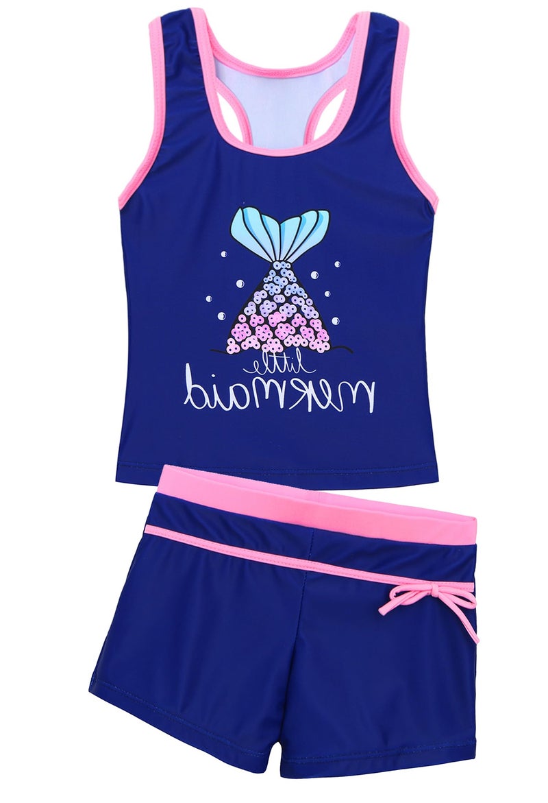 Akokvlar Girls Two Piece Bathing Suit Swimsuit Tankini Swimwear with Boyshort (6-7 Years, Navy Blue Purple Mermaid) - Image 2