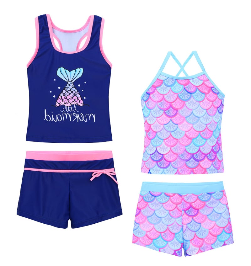 Akokvlar Girls Two Piece Bathing Suit Swimsuit Tankini Swimwear with Boyshort (6-7 Years, Navy Blue Purple Mermaid) - Image 1