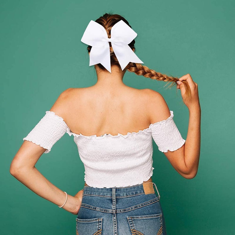 Oaoleer 8inch Jumbo Large Cheer Bows Ponytail Holder Elastic Band Handmade Boutique Hair Accessories for Cheerleading Teen Girls College Women Sports (1PCS, White) - Image 5