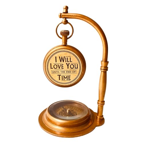 ALADEAN Brass Table Clock with Compass | Romantic Desk Clock - Decorative Vintage Mechanical Clock Lovers Boyfriend/Husband Birthday/Wedding Gifts (Love You) - Image 4