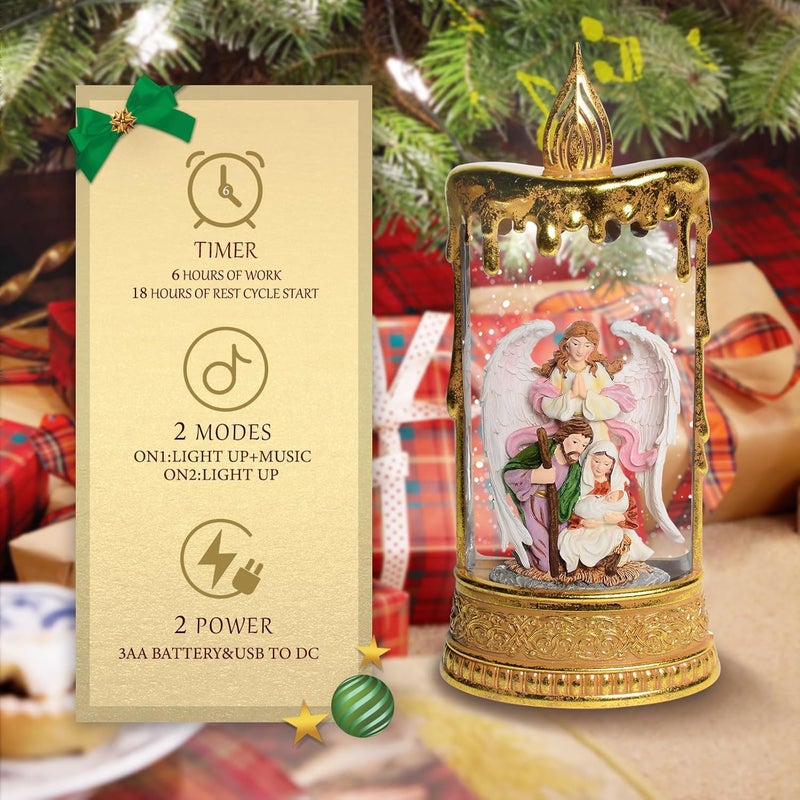 SUNFACE Christmas Snow Globes, 11.8" Nativity Glitter Water Lantern with Song, 6H Timer Battery & USB Powered Music Box for Christmas Decorations Indoor - Image 3