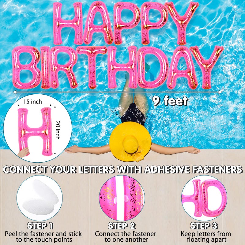 Shappy Pink 20'' Happy Birthday Pool Large Floating Letter Balloons with Adhesive Dots Inflatable Pool Decorations for Summer Birthday Party (Sequins) - Image 2