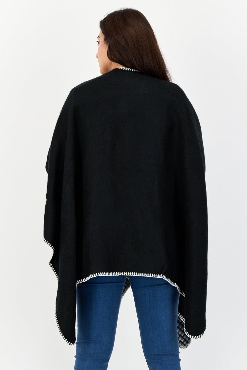 Vintage Havana Women Solid Whip Stitch Ruana Poncho, Black  - Image 2
