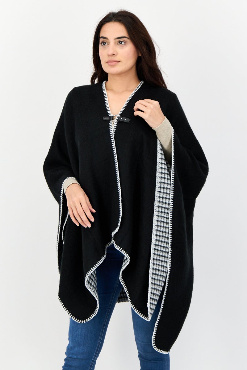 Vintage Havana Women Solid Whip Stitch Ruana Poncho, Black  - Image 1