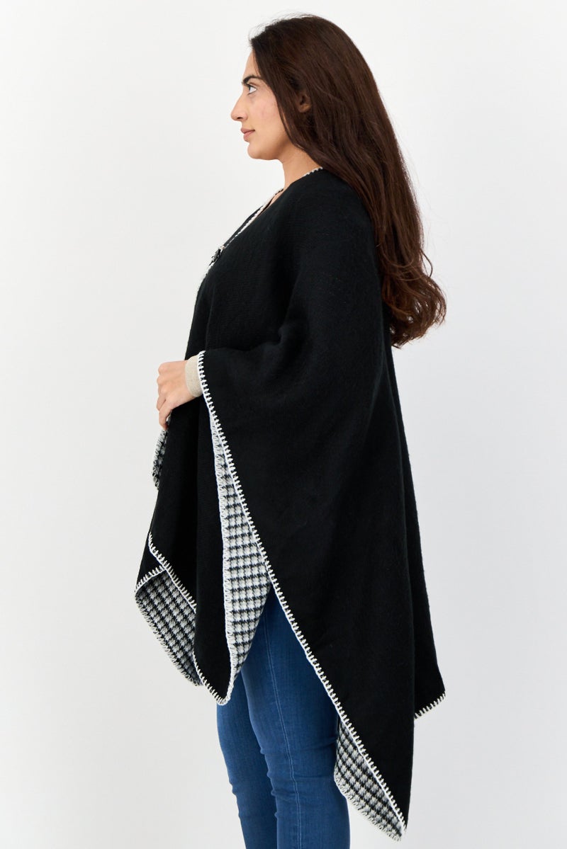 Vintage Havana Women Solid Whip Stitch Ruana Poncho, Black  - Image 3