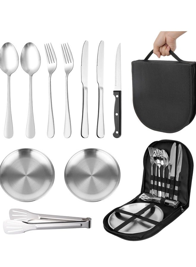 2 Person Stainless Steel Cutlery Set, 11Pieces Camping Stainless Steel Cutlery Set with Fork, Knife, Spoon, Plate and Clamp, Outdoor Camping Picnic Hiking Portable Picnic Stainless Steel Cutlery Set - Image 1