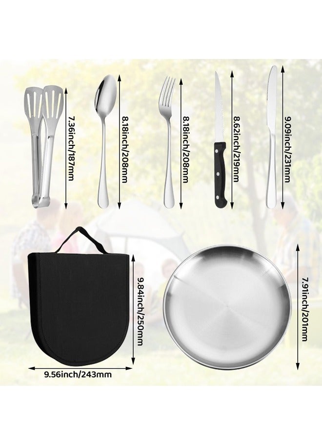2 Person Stainless Steel Cutlery Set, 11Pieces Camping Stainless Steel Cutlery Set with Fork, Knife, Spoon, Plate and Clamp, Outdoor Camping Picnic Hiking Portable Picnic Stainless Steel Cutlery Set - Image 3