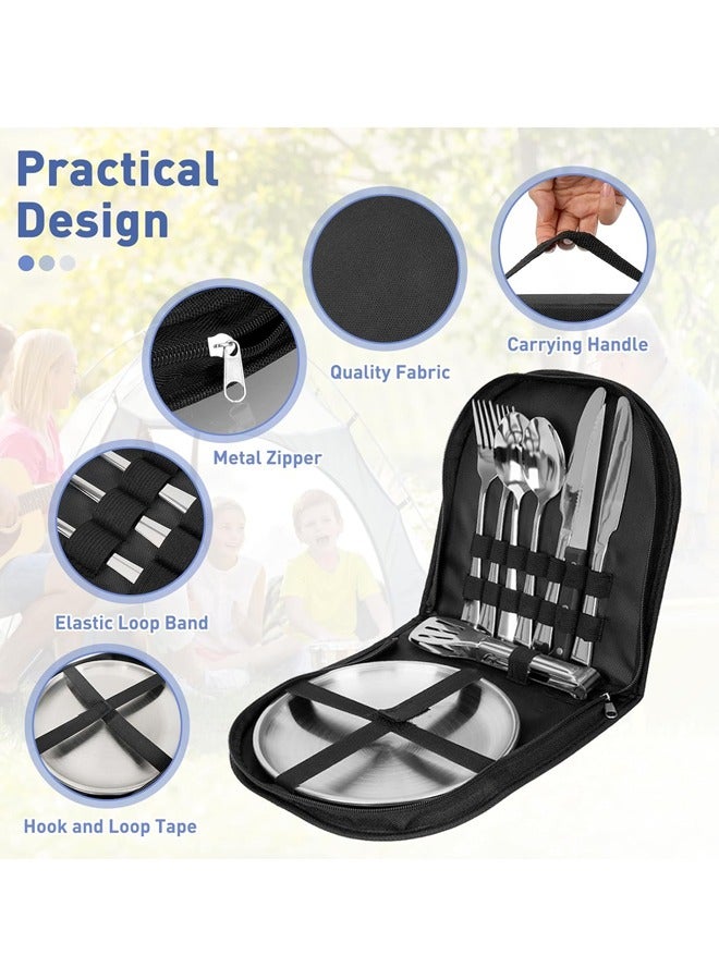 2 Person Stainless Steel Cutlery Set, 11Pieces Camping Stainless Steel Cutlery Set with Fork, Knife, Spoon, Plate and Clamp, Outdoor Camping Picnic Hiking Portable Picnic Stainless Steel Cutlery Set - Image 2