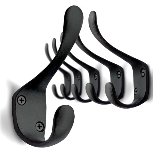Ambipolar 5 Pack Decorative Cast Iron Heavy Duty Double Hooks, Wall Mounted Coat Hooks, Vintage Inspired (Antique Black) (Spoon Hook) - Image 1