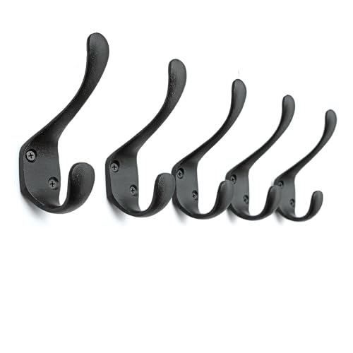 Ambipolar 5 Pack Decorative Cast Iron Heavy Duty Double Hooks, Wall Mounted Coat Hooks, Vintage Inspired (Antique Black) (Spoon Hook) - Image 2