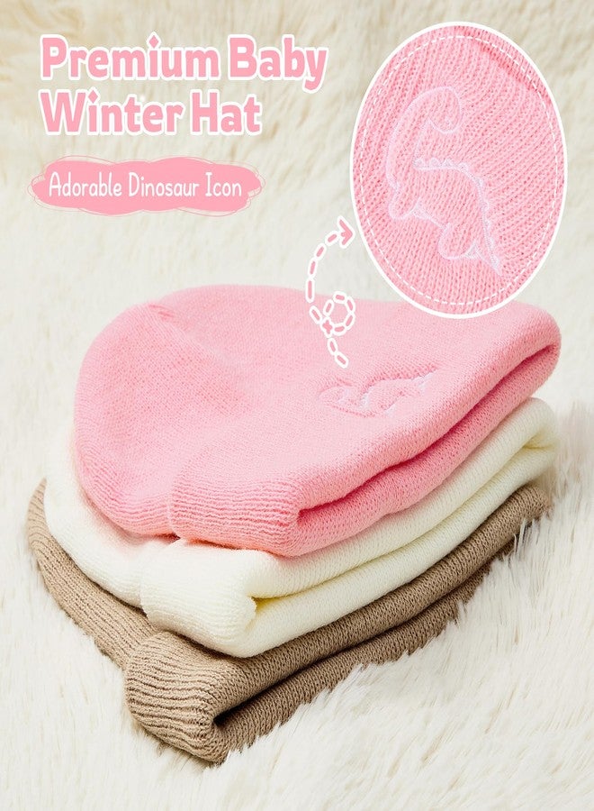 Durio 3 Pack Baby Beanie Cute Icon Baby Toddler Winter Hat for Boys Girls Warm Infant Toddler Beanie Baby Girl Hats Cap for 0-3 Years Khaki & Pink & White One Size - Image 2
