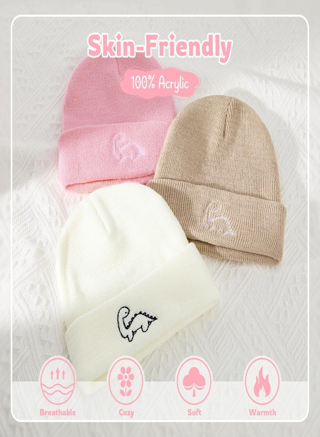 Durio 3 Pack Baby Beanie Cute Icon Baby Toddler Winter Hat for Boys Girls Warm Infant Toddler Beanie Baby Girl Hats Cap for 0-3 Years Khaki & Pink & White One Size - Image 3