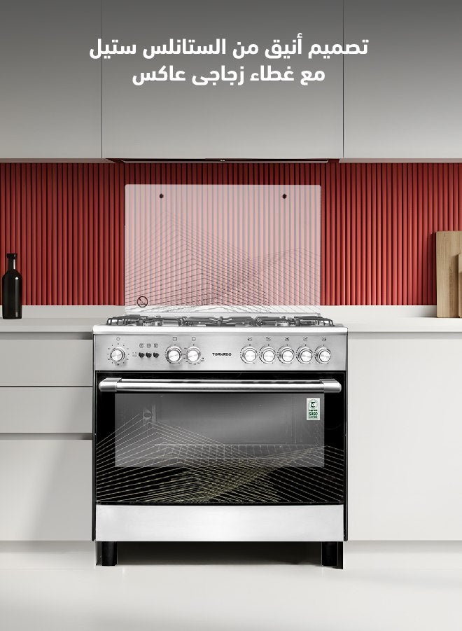 TORNADO 90x60cm Freestanding Cooker, Full Gas Cooking Range with 5 Burners, Automatic Ignition & Full Safety, Cooling Fan, Stainless Steel Finish, Separate Knob - Image 4