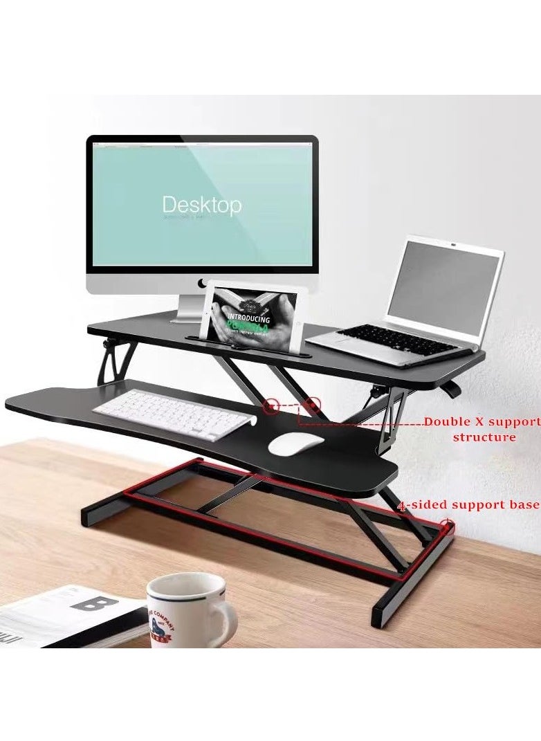 XICEN - Standing Desk Converter - 80cm*40cm Adjustable Sit to Stand Up Desk WorkstationFolding Bracket,Pneumatic lifting-double layer with Keyboard Tray for Home Office Computer Laptop (Black) - Image 1