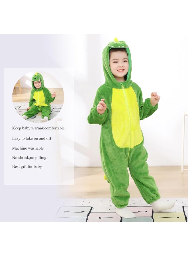 A.M Baby Green Dinosaur Costume Romper Toddler Boys & Girls Role-Playing Outfit with Zipper Hooded Flannel Dinosaur Onesie Pajamas - Image 4