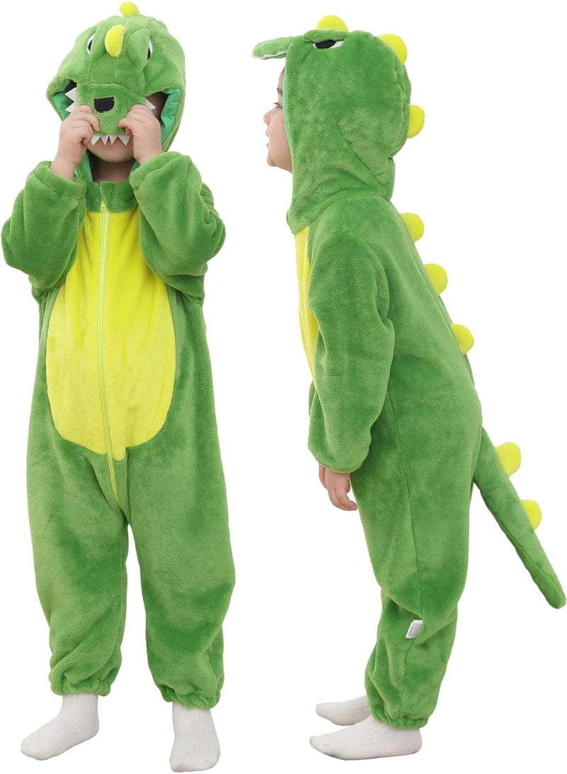 A.M Baby Green Dinosaur Costume Romper Toddler Boys & Girls Role-Playing Outfit with Zipper Hooded Flannel Dinosaur Onesie Pajamas - Image 1