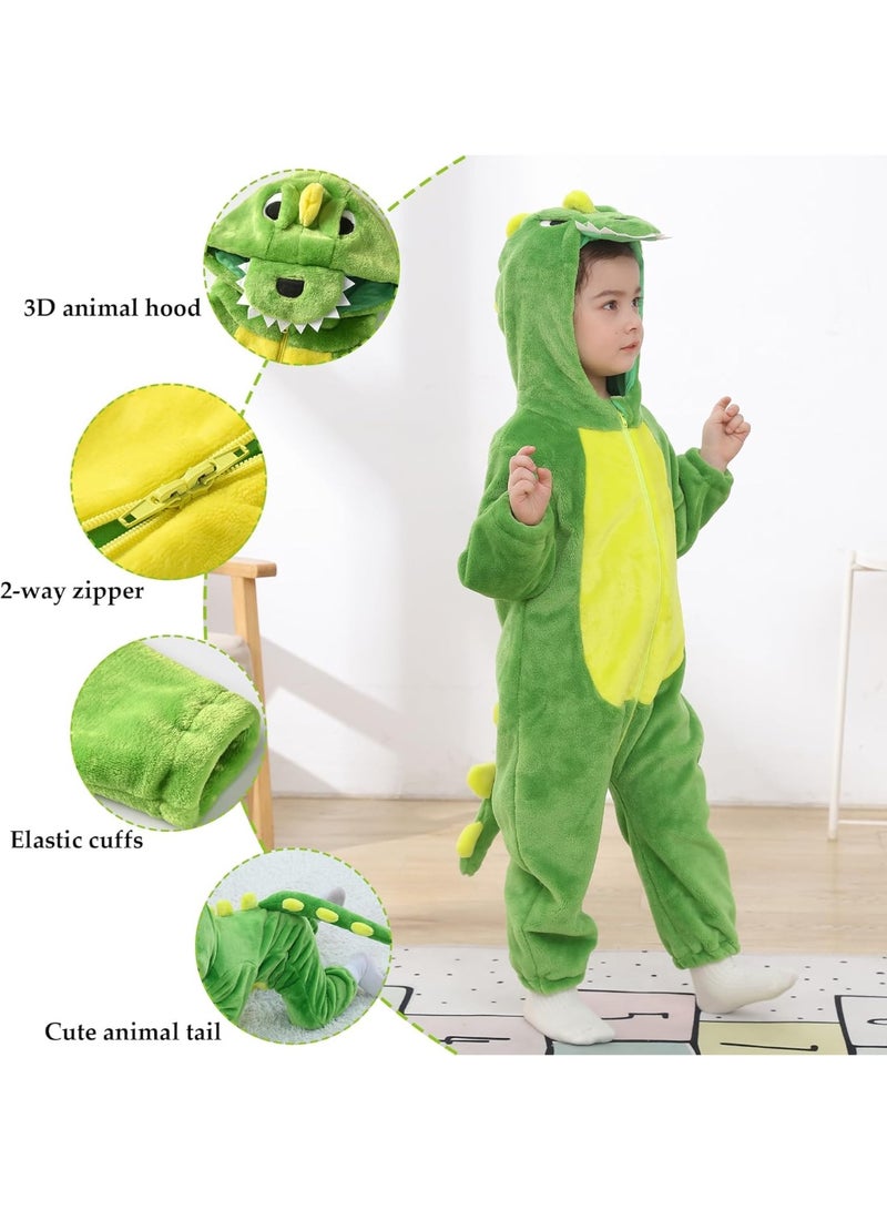 A.M Baby Green Dinosaur Costume Romper Toddler Boys & Girls Role-Playing Outfit with Zipper Hooded Flannel Dinosaur Onesie Pajamas - Image 2