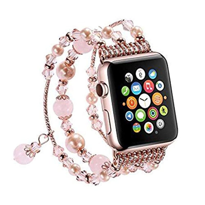 eWINNER Handmade Agate Bracelet Strap Compatible with Apple Watch 42mm – Pink Jewelry Band - Image 2