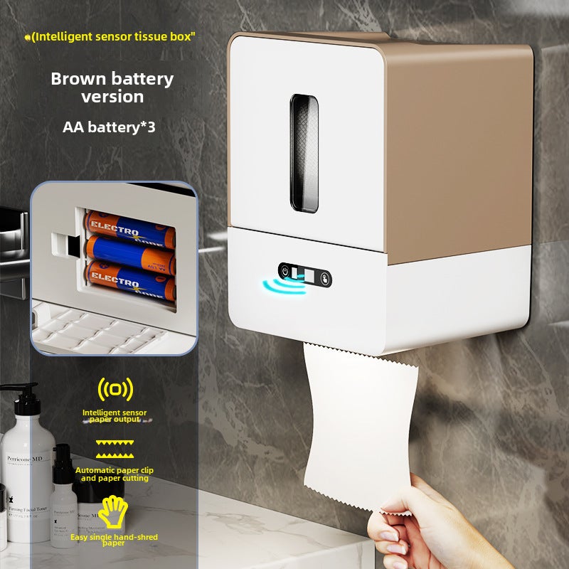 Intelligent induction tissue box automatic paper discharge machine electric wall-mounted roll paper toilet paper box toilet toilet tissue machine(Brown battery version) - Image 1