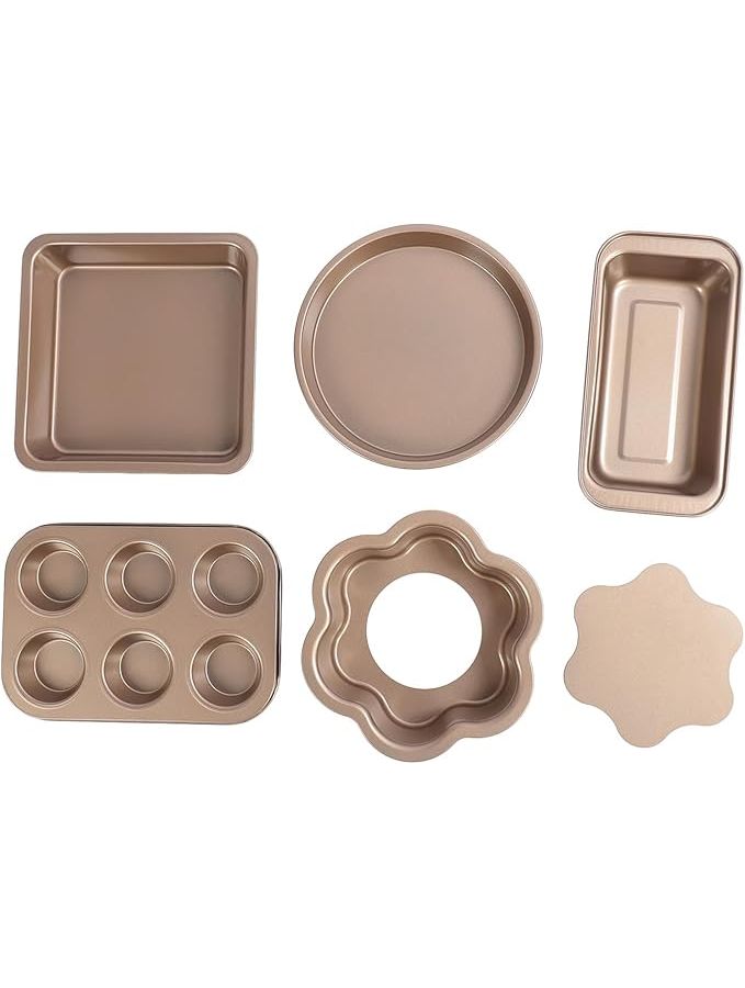 6 Pcs Golden Carbon Steel Bakeware Set Non Stick Loose Bottom Baking Pans For Muffin Pizza Toast - Image 1