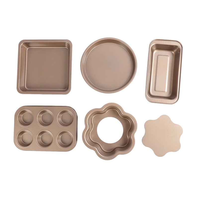 6 Pcs Golden Carbon Steel Bakeware Set Non Stick Loose Bottom Baking Pans For Muffin Pizza Toast - Image 2