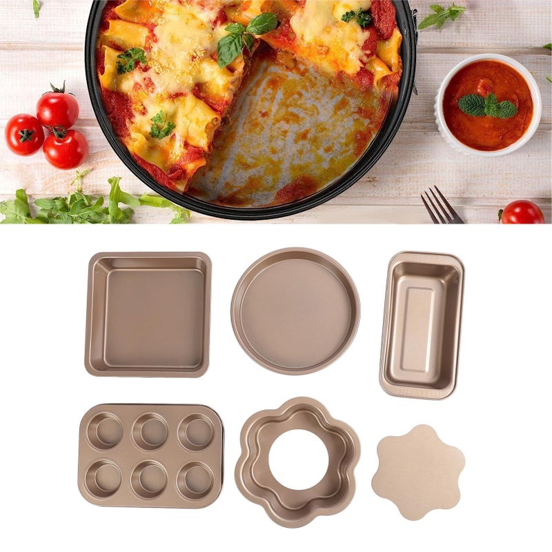6 Pcs Golden Carbon Steel Bakeware Set Non Stick Loose Bottom Baking Pans For Muffin Pizza Toast - Image 4