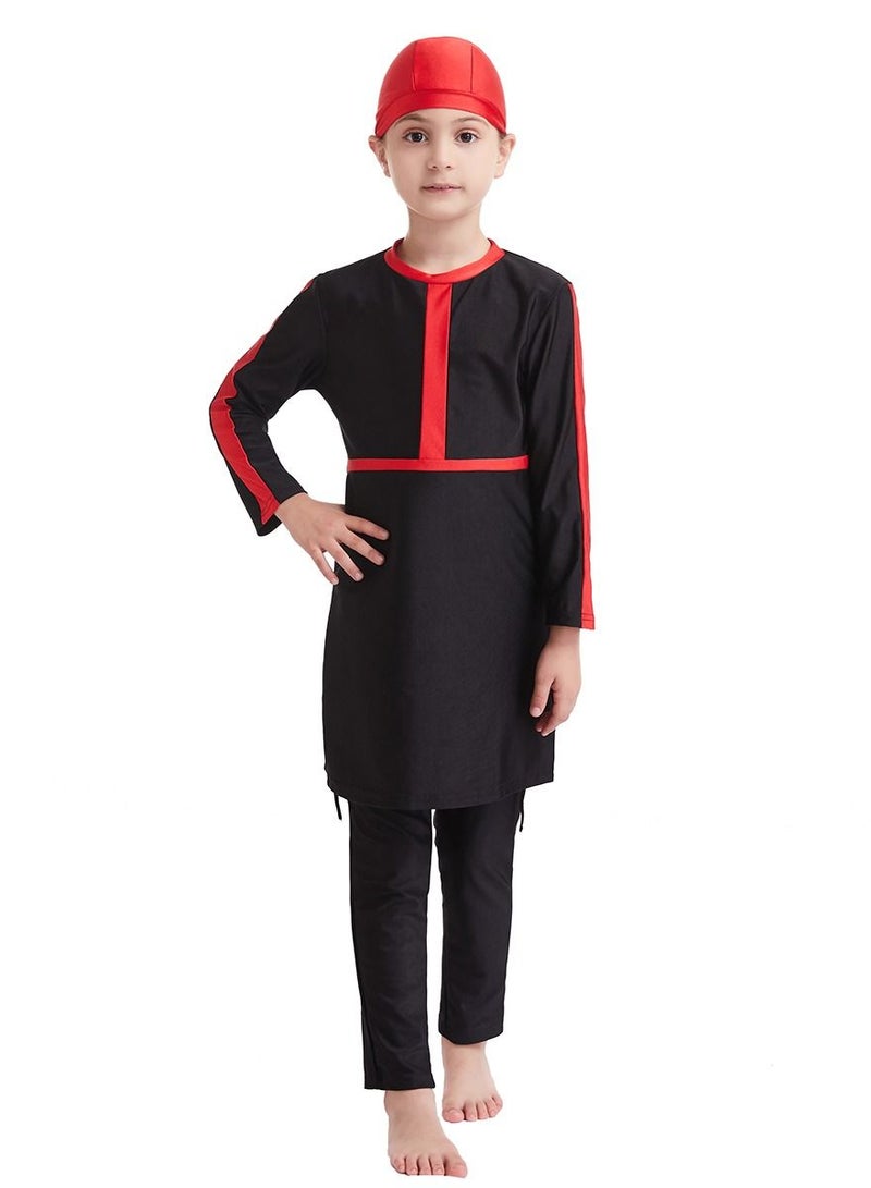 Loquat Girls Conservative And Loose 3-Piece Swimwear Set Long Sleeve Burkinis Swimsuit Set Black/Red  - Image 1