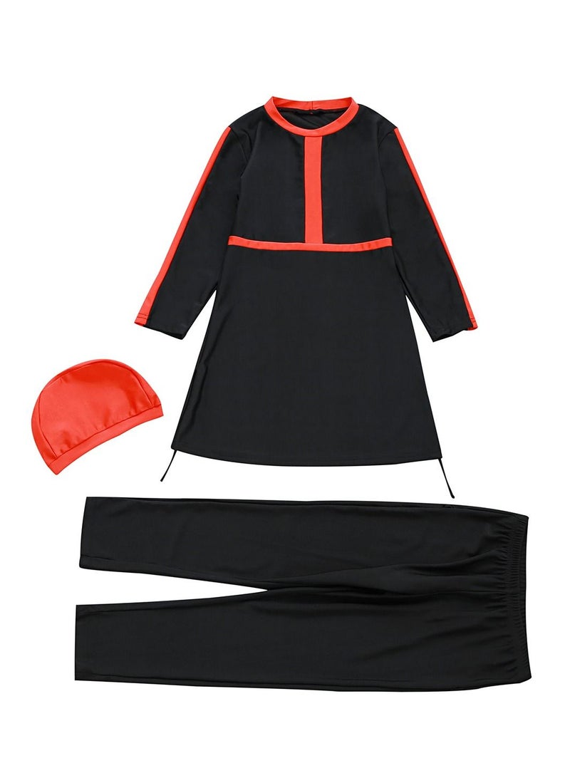 Loquat Girls Conservative And Loose 3-Piece Swimwear Set Long Sleeve Burkinis Swimsuit Set Black/Red  - Image 2