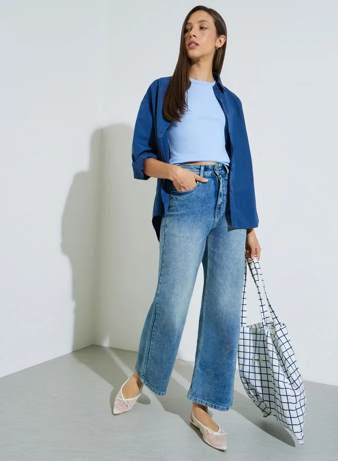 ستايلي Blue Super Stretch Twill Cotton Wide Leg Jeans