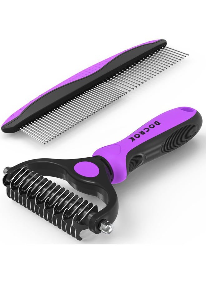 Docrok Dog Brush and Comb Combo, Dual Sided Dematting and Deshedding Dog Brush for Shedding, Dematting Comb Deshedding brush Undercoat Rake Cat Comb for Long Haired Pet, Dogs and Cats, Gray - Image 1