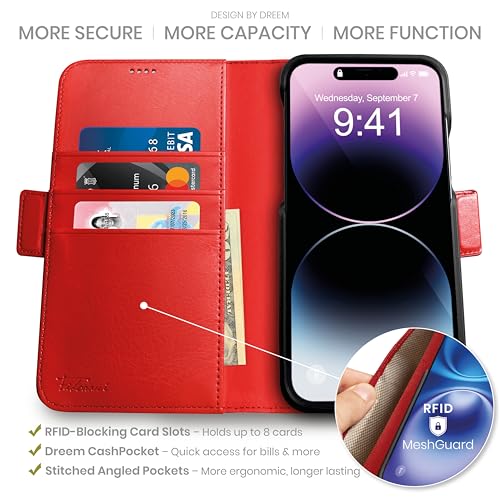 Dreem Wallet Case for iPhone 14 Pro 2 Way Phone Stand Magnetic Detachable Vegan Leather Flip Cover RFID Blocking Card Holder MagSafeFit Gift Box Fibonacci Red - Image 3