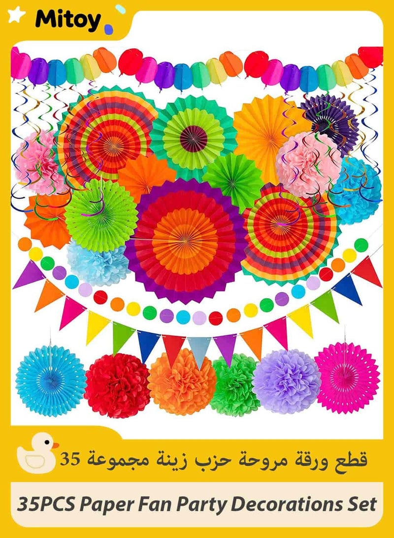 Mitoy 35PCS Festival Paper Fan Party Decorations Set - Pom Poms,Pennant,Garland String,Banner,Hanging Swirls Decor Supplies（Multicolored) - Image 1