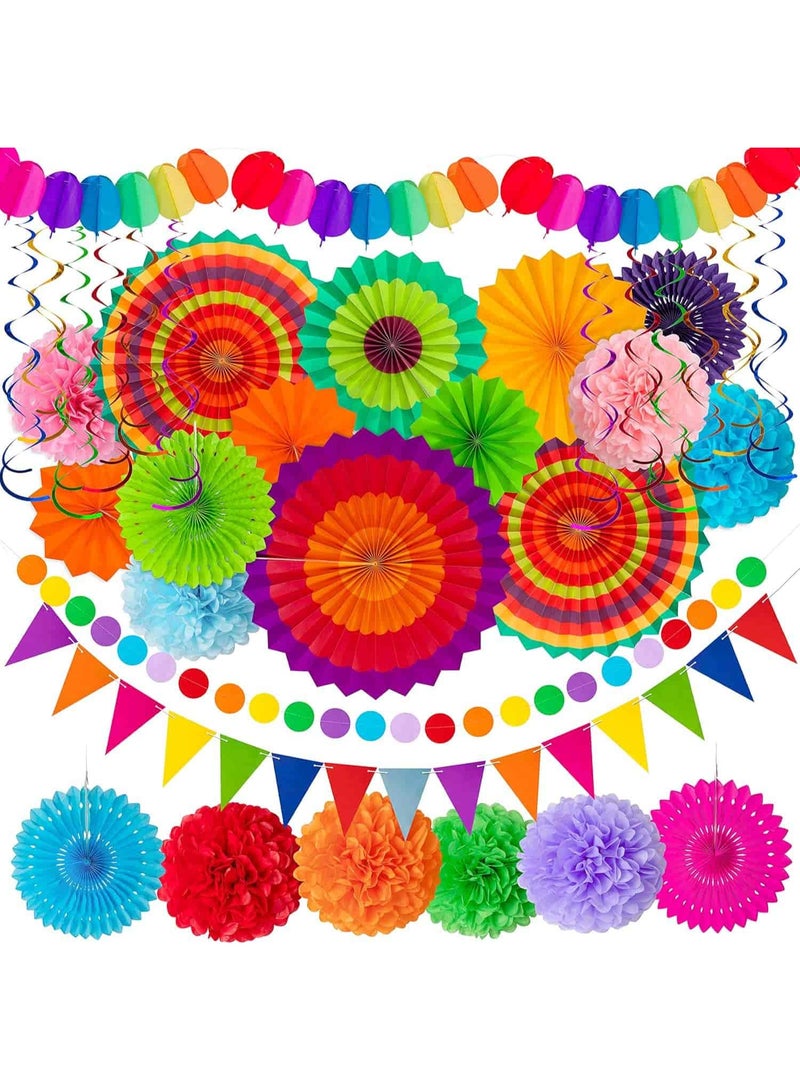Mitoy 35PCS Festival Paper Fan Party Decorations Set - Pom Poms,Pennant,Garland String,Banner,Hanging Swirls Decor Supplies（Multicolored) - Image 2