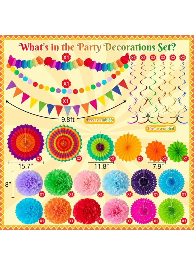 Mitoy 35PCS Festival Paper Fan Party Decorations Set - Pom Poms,Pennant,Garland String,Banner,Hanging Swirls Decor Supplies（Multicolored) - Image 5