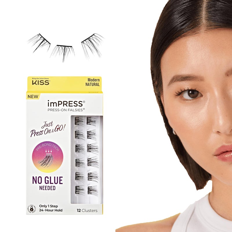 Impress KISS imPRESS Falsies Press On Self Adhesive Eyelashes, 12mm-14mm Natural Volume Press On Lashes, Black, No Glue Needed, Invisible Band, 12 Lash Clusters - Modern - Image 1