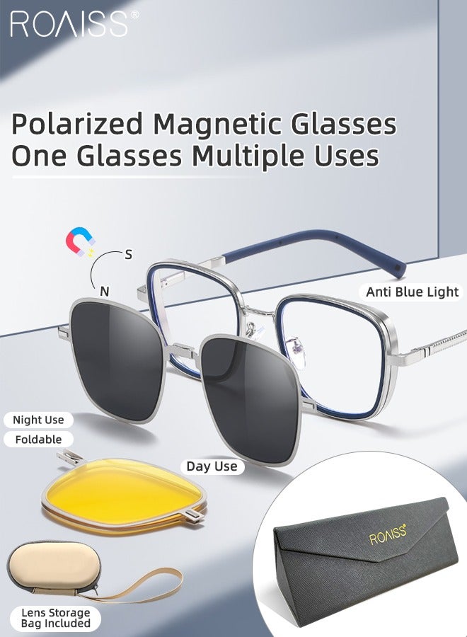 رويس مجموعة نظارات شمسية 3 في 1 مستقطبة مغناطيسية قابلة للطي، نظارات حجب الضوء الأزرق مع عدسة مستقطبة مغناطيسية وعدسة رؤية ليلية مغناطيسية، نظارات متعددة الاستخدامات للرجال مع حافظة نظارات - Image 1