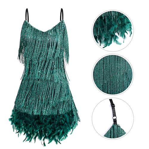 Floraltop 7 Pcs 1920s Flapper Accessories for Women Feather Boa V Neck Dress Earrings Headwear Gloves Necklace(XL,Peacock Green) - Image 5