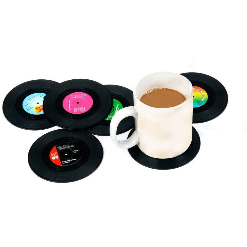 TRIXES Set of 6 Vinyl Record Retro Music Coasters  Table Top Protection Prevents Furniture Damage  Vinyl Record Disk Table Cup Pad for Hot and Cold Beer Beverage  105 cm
