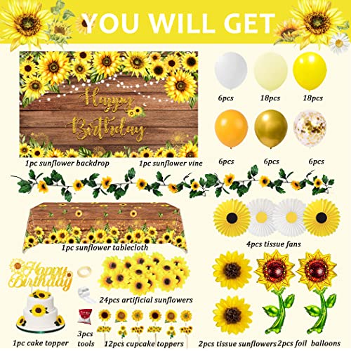 BORAMDO Sunflower Birthday Party Decoration Pack (including Backdrop, Tablecloth, Artificial Sunflowers and A Garland, Cake Topper, Balloon Garland Arch, Foil Balloon, Yellow Tissue Paper Flowers and Fans)… - Image 2