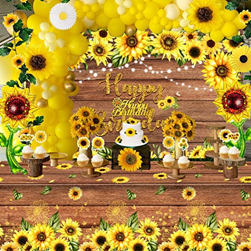 BORAMDO Sunflower Birthday Party Decoration Pack (including Backdrop, Tablecloth, Artificial Sunflowers and A Garland, Cake Topper, Balloon Garland Arch, Foil Balloon, Yellow Tissue Paper Flowers and Fans)… - Image 5