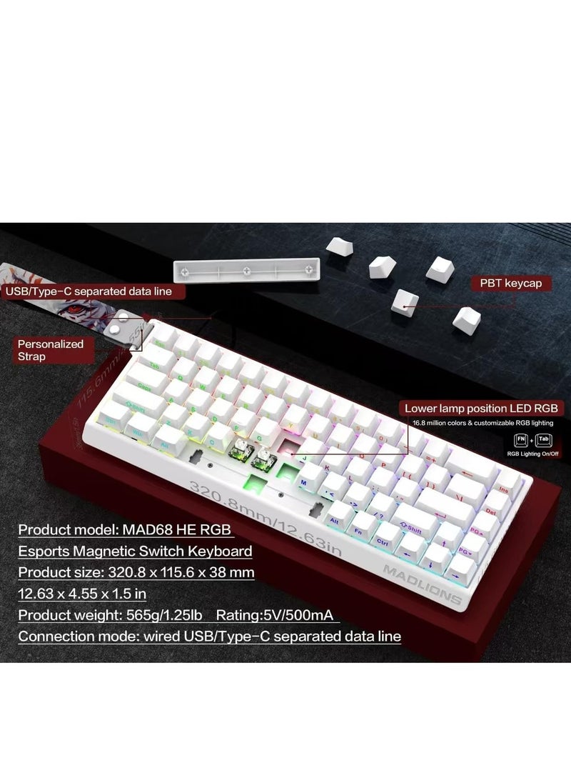 Mad68 HE RGB Mechanical Keyboard Magnetic Switches Hot Swap 8000hz 0.02mm FPS Gaming Keyboard Quick Trigger Birthday Gift White