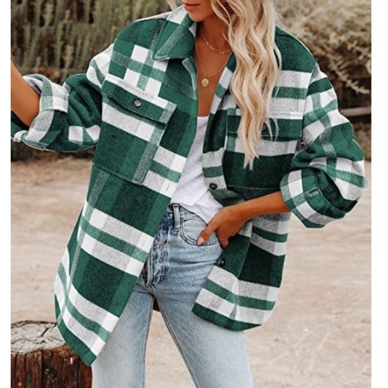 2022 Autumn Winter Plaid Wool Coat Womens Casual Loose Long Sleeve Shirt Green 