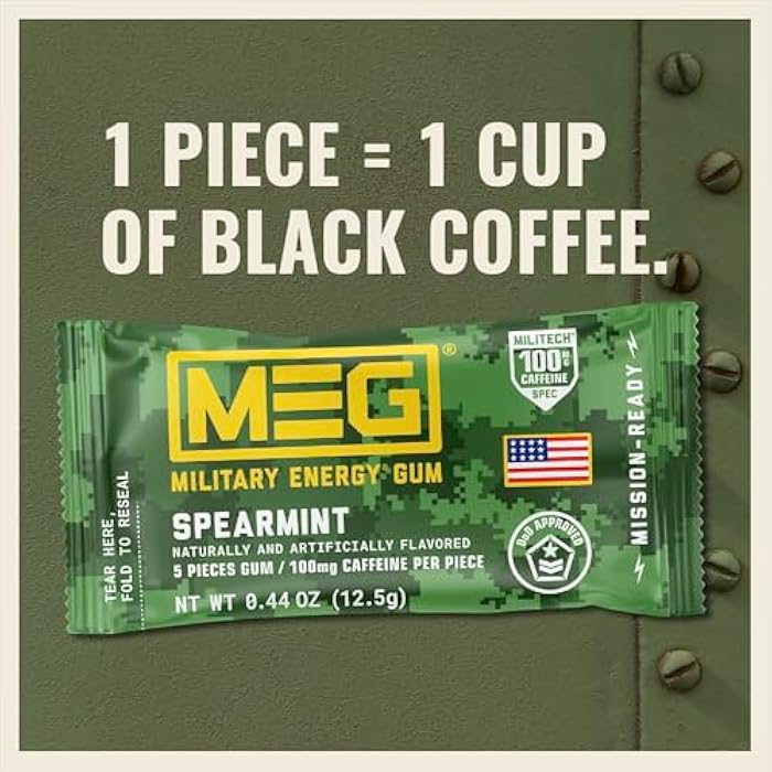 MEG - Military Energy Gum | 100mg of Caffeine Per Piece + Increase Energy + Boost Physical Performance + Multi Flavors of Arctic Mint , Spearmint, & Cinnamon + 8 Packs (40 Count) - Image 3