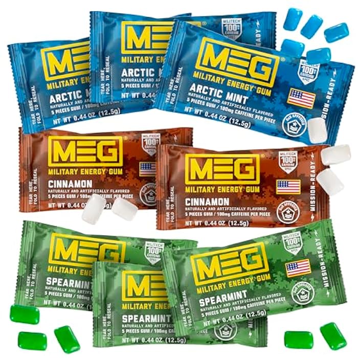 MEG - Military Energy Gum | 100mg of Caffeine Per Piece + Increase Energy + Boost Physical Performance + Multi Flavors of Arctic Mint , Spearmint, & Cinnamon + 8 Packs (40 Count) - Image 1