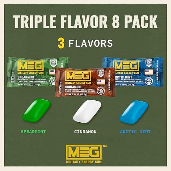 MEG - Military Energy Gum | 100mg of Caffeine Per Piece + Increase Energy + Boost Physical Performance + Multi Flavors of Arctic Mint , Spearmint, & Cinnamon + 8 Packs (40 Count) - Image 2