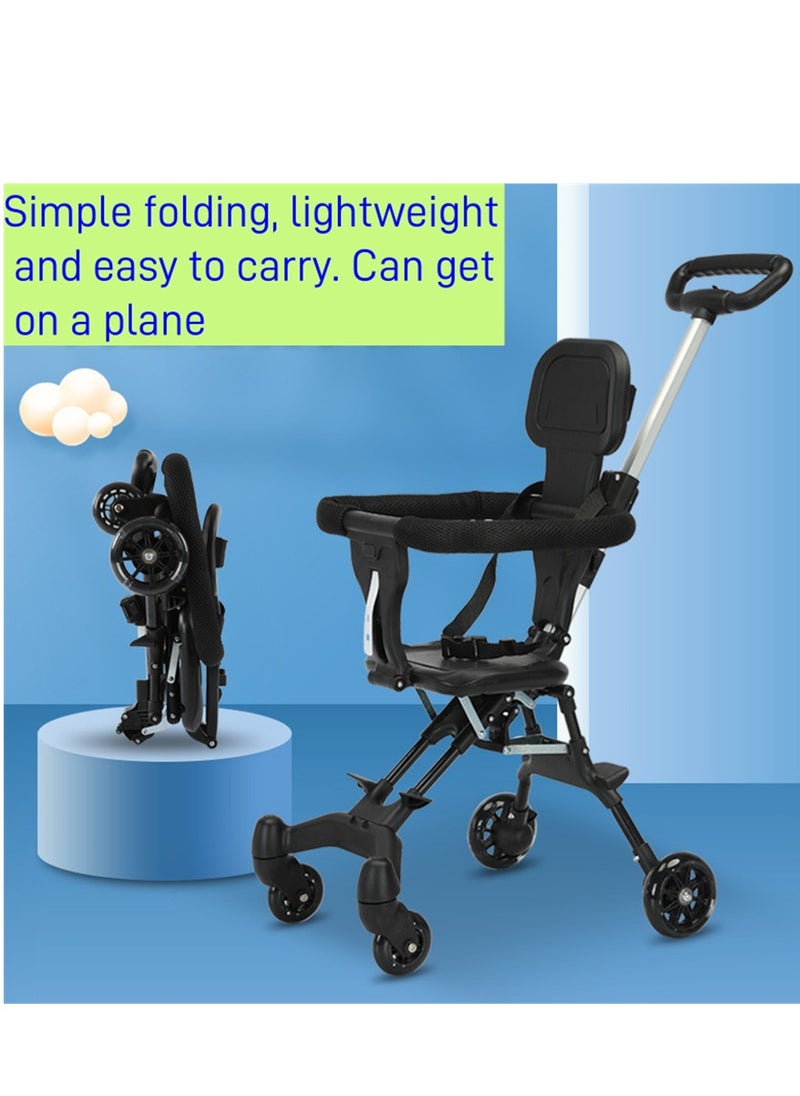 Generic Baby Stroller, Foldable Four-wheeled Child Cart Trolley, Lightweight Airplane Travel Stroller with Adjustable Handles and Backrest, Portable Compact Toddler Kids Stroller for 1-3 Years (Black)  - Image 4