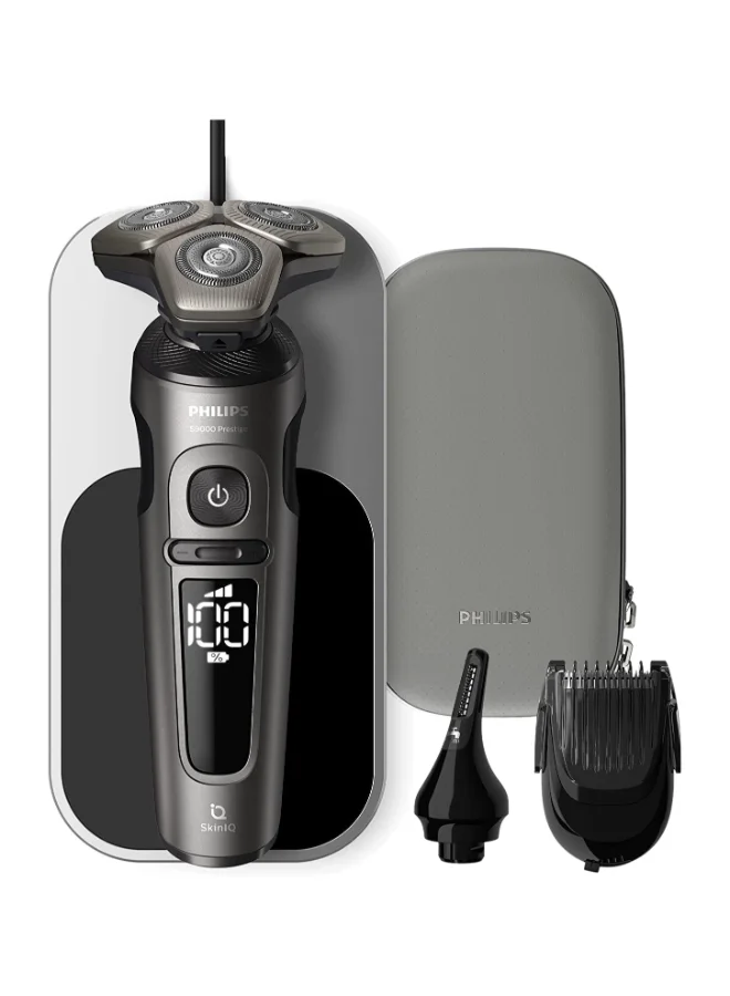فيليبس ماكينة الحلاقة SP9871/22 من Philips | ماكينة حلاقة كهربائية للحلاقة الرطبة والجافة سلسلة S9000 Prestige | تقنية SkinIQ الذكية لحلاقة مريحة ودقيقة | رؤوس مرنة، شحن لاسلكي | 60 دقيقة من الاستخدام اللاسلكي، مع حقيبة سفر