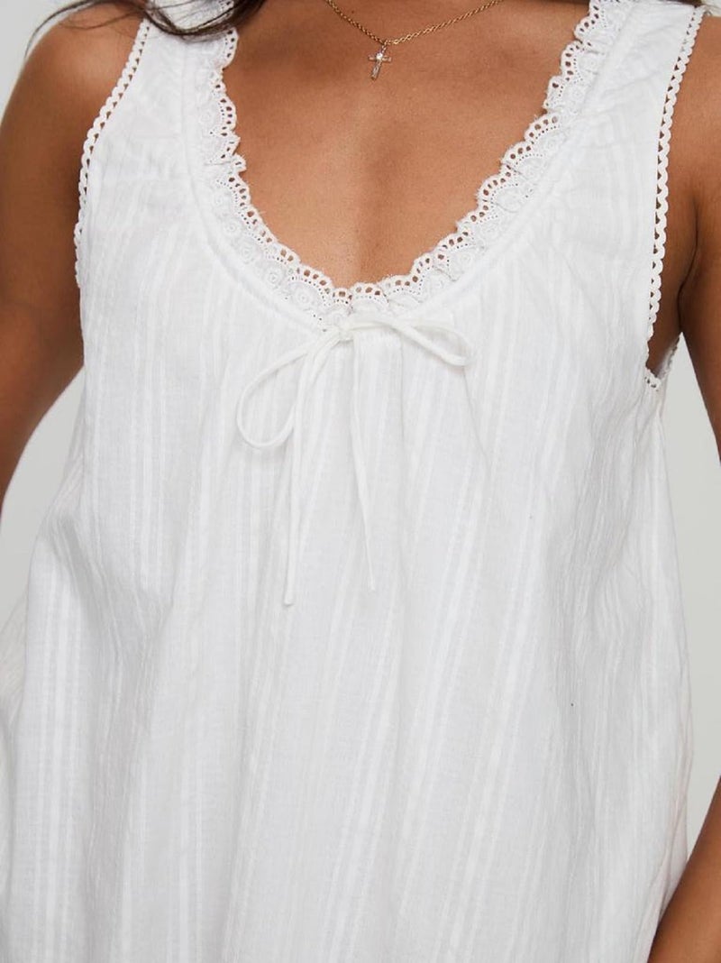 Argeousgor Womens Babydoll Tank Dress Y2k Lace Trim V Neck Mini Dress Loose Aesthetic Sleeveless Flowy Backless Short Sundress (Cute White, S) - Image 5
